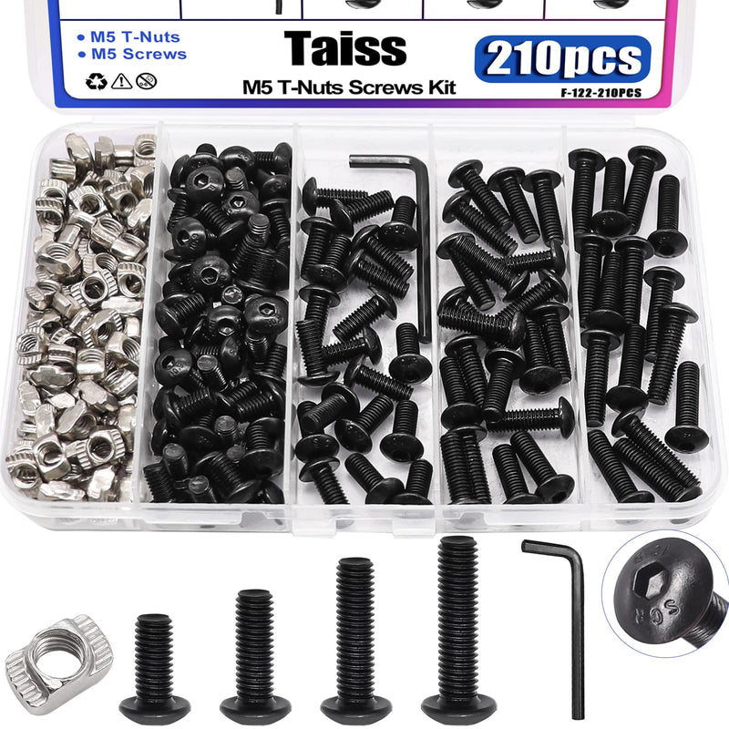 [Australia - AusPower] - Taiss 210PCS M5 T-Nuts Screws Kit,Hammer Head T Slot Nut for 2020 Series Aluminum Extrusion,M5 Button Head Socket Cap Head Screws,Nut and Screw Kits 210PCS T-Nuts Screw Kit 