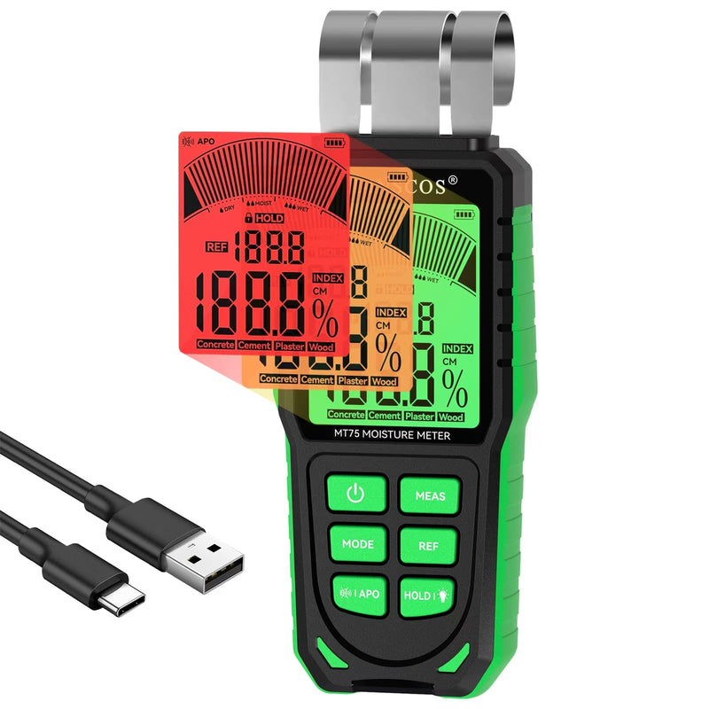 [Australia - AusPower] - RDINSCOS Pinless Moisture Meter for Wood, Cement, Floors, Drywall, Concrete and Plaster – Non-Invasive Digital Damp Detector with 40mm Depth, REF Mode, Backlit LCD, for Home and Professional Use MT75 
