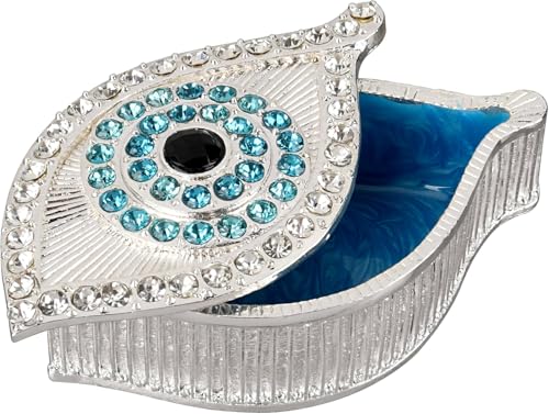 Evil Eye Jewelry Box - Handmade Gold Keepsake Box with Magnetic Closure & Crystals - Decorative Storage for Bracelets, Necklaces, Boho Home Decor Silver box - New