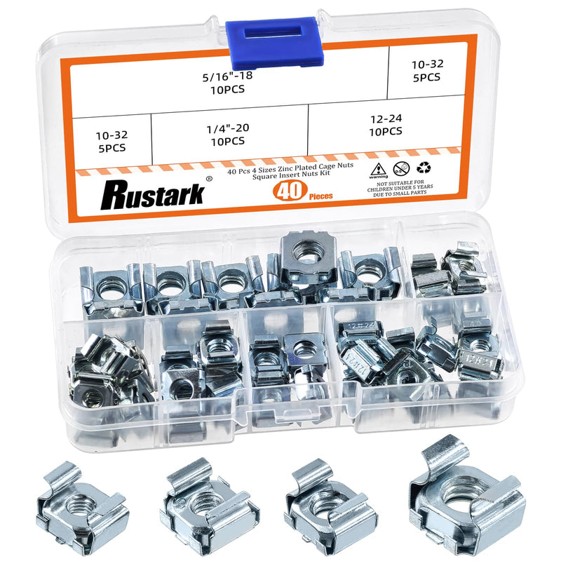 [Australia - AusPower] - 40Pcs 4 Sizes Silver Carbon Steel Cage Nut SAE Zinc Snap-in Cage Nuts Square Rack Mount Clip Nuts Captive Nut Rack Nuts for Server Shelve Cabinet 40Pcs 4 sizes Cage Nut 