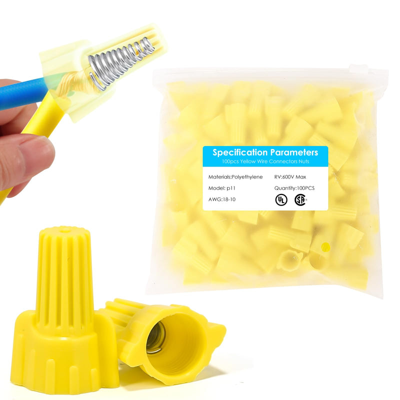 [Australia - AusPower] - 100 PCS Yellow Winged Wire Nuts 11 Gauge for AWG 18-10, Easy Twist-on Screw on Ribbed Cap for Quick Connection, Insulated Insertion Electrical Wire Nuts with Metal Spring (100, P11 Yellow) 100 