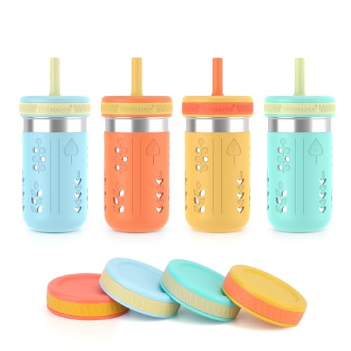 Tronco 4 Pack 15oz 2-in-1 Stainless Steel Kids Tumbler Cups with Silicone Sleeves, Spill-Resistant Flexible Straws & Storage Lids, BPA-Free Smoothie and Snack Cups, Dishwasher Safe Sea foam Green,Sky Blue,Mango Yellow, Orange Pack of 4