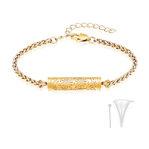 constantlife Cremation Bracelet for Ashes for Women Stainless Steel Sunflower Cylinder Urn Adjustable Link Bangle Memorial Jewelry Loved Ones Ashes Holder Keepsake Golden