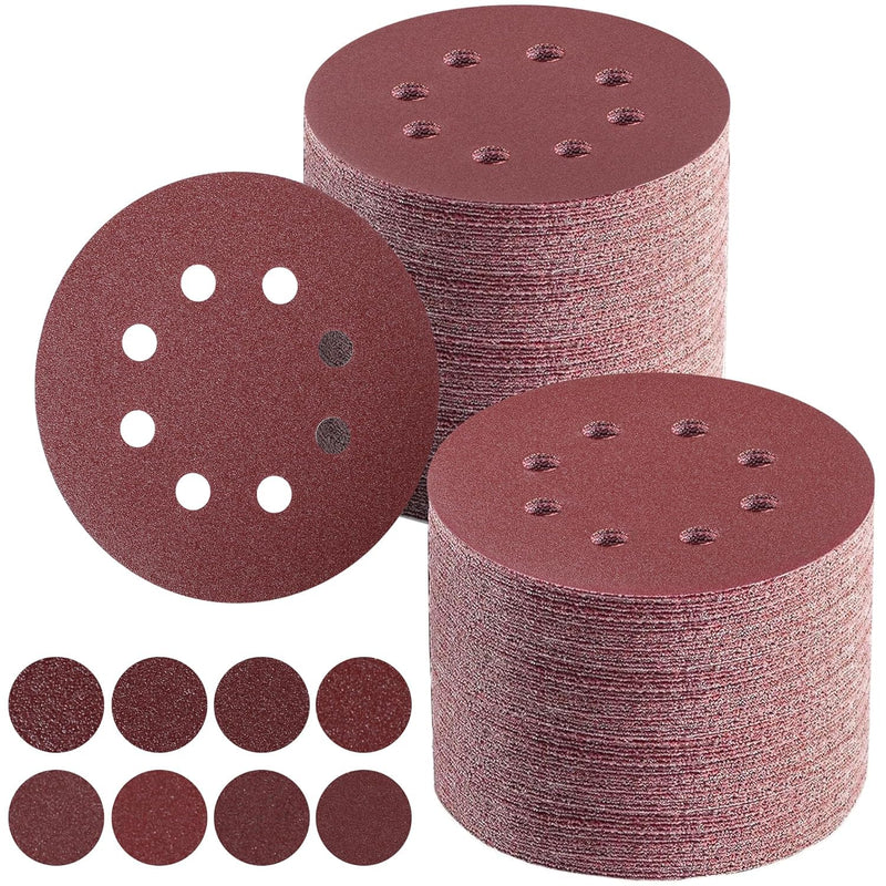Pack of 100 Sandpaper 125 mm, 5 in 8 Holes, Wall Sanders for Wood, Metal, Plastic, P40/60/320/400 x10, P80/120/180/240x15, Accessories for Power Tools Pack of 100 - Mixed