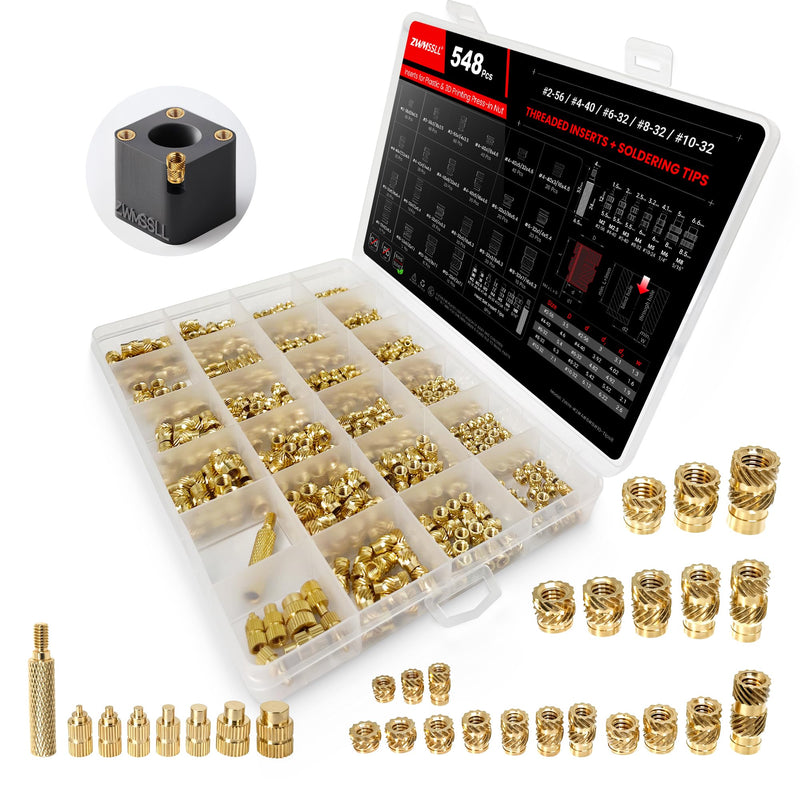 [Australia - AusPower] - #2-56#4-40#6-32#8-32#10-24 Threaded Inserts-548 Pieces Assortment Kit+8xSoldering Tips for Heat-Set Insert,Brass Knurled Nuts for 3D Printing Components and Plastic Parts Box #2 #4 #6 #8 #10+Insert Tip Set (548Pcs) UNC Threaded Insert 