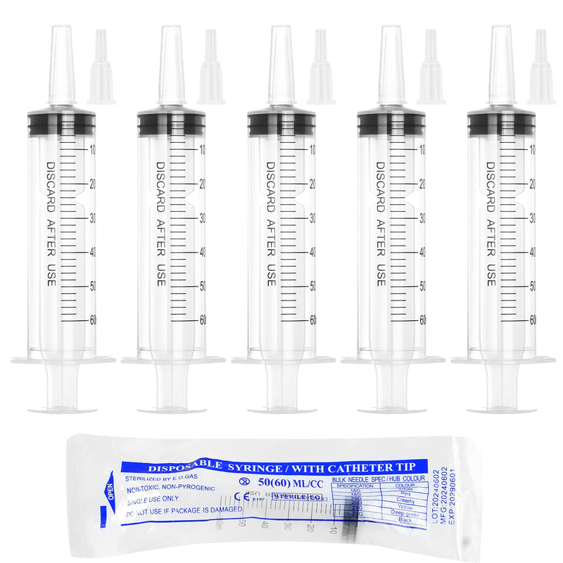 [Australia - AusPower] - 60ml Syringe for Liquid,5 Pack Large Plastic Syringes with Adapters and Cap,Individually Sealed Syringe for Feeding,Irrigation Water and Scientific Labs 60ML 5 