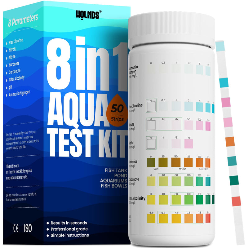 Aquarium Test Strips - 8-in-1 Aquarium Water Test Kit: Fish Tank Testing Kit for Freshwater & Saltwater, 50 Strips,Fast & Accurate Ammonia, pH, Hardness, & More， Lead Water Test Kit for Ponds W-8