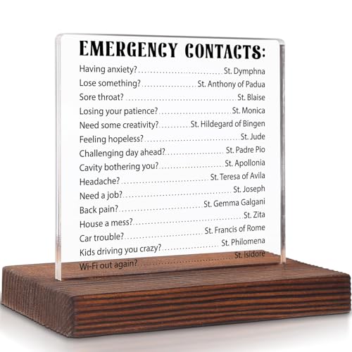 Emergency Contacts, Catholic Gifts for Women, Men, Teens, Girls, Catholic Desk Decor, Godmother Gifts Plaque, Catholic Religious faith Gift Decorative Signs Plaques WOW41 Emergency Contacts