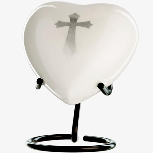 Small Urn for Ashes Keepsake for Women and Men - Religious Mini Heart Urns for Human Ashes Male or Female - Heart Shaped White Mini Urns with Cross