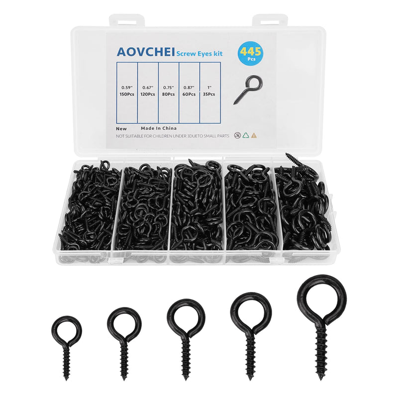 [Australia - AusPower] - Aovchei Eye Screws Set, 455PCS 0.59" 0.67" 0.75" 0.87" 1" Heavy Duty Eye Hooks, Self Tapping Screw Bolts, Indoor & Outdoor for Hanging Artwork, Black 455pcs-5 Size 
