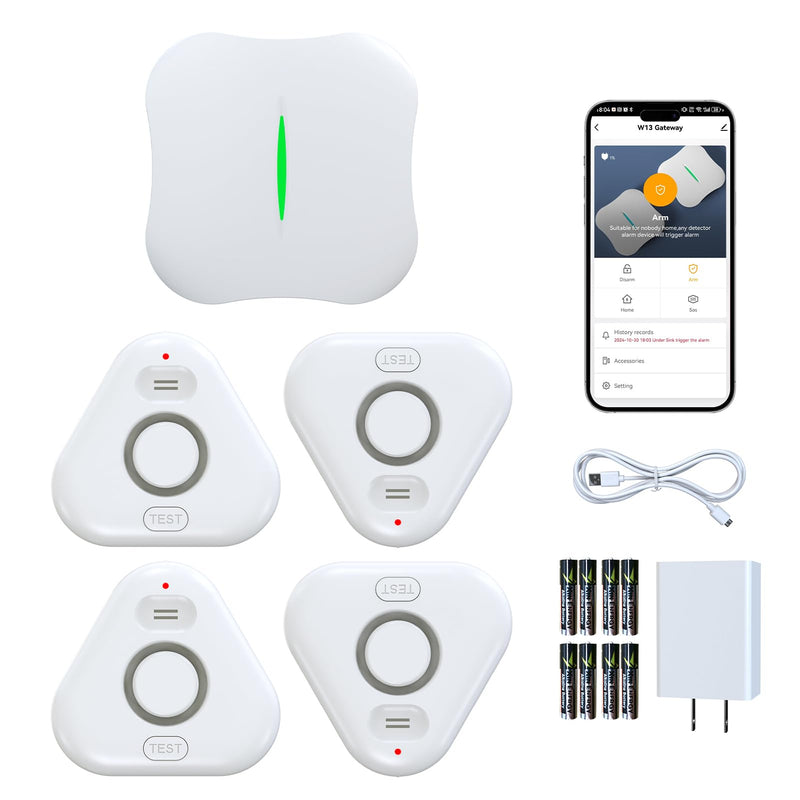 Smart Water Leak Detectors for Home WiFi with App Alerts, Stechro Ajustable 120dB Water Sensor Alarm Leak Detector for Basements Sink Kitchen Laundry, 4 Water Sensors & 1 Gateway 4 Upgraded Sensor&1 Wifi Gateway White