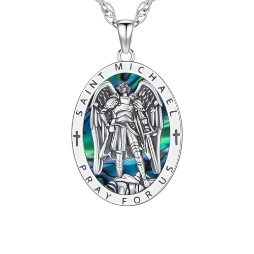 Saint Michael Necklace - St. Michael Archangel Pendant with Prayer Inscription, Stainless Steel Religious Jewelry for Men and Women, Protective Amulet with Abalone Shell Inlay