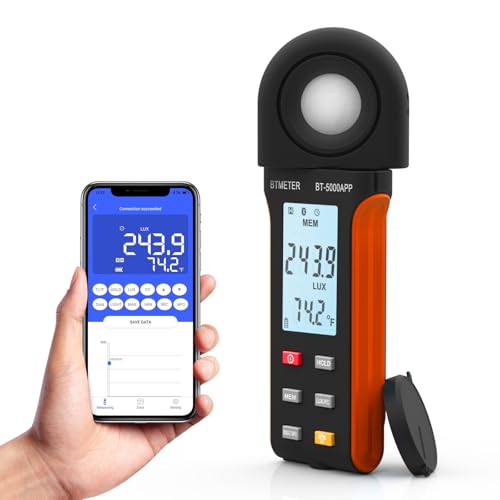 BTMETER orange illuminance light meter with Bluetooth and digital display for lumen measurement testing