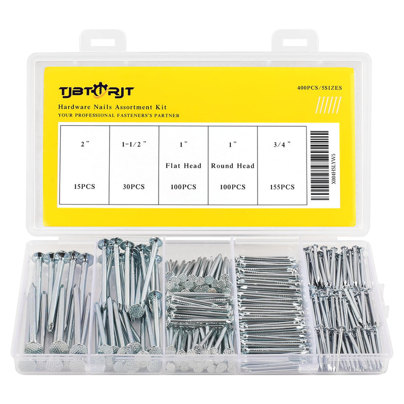 [Australia - AusPower] - 400PCS Nails for Hanging Pictures Hanging Nails for Wall Art Heavy Duty up to 2" Long, 5 Sizes Wall Nails for Hanging Small Nails Wood Nails Finish Nails Flat head Nails with Storage box 