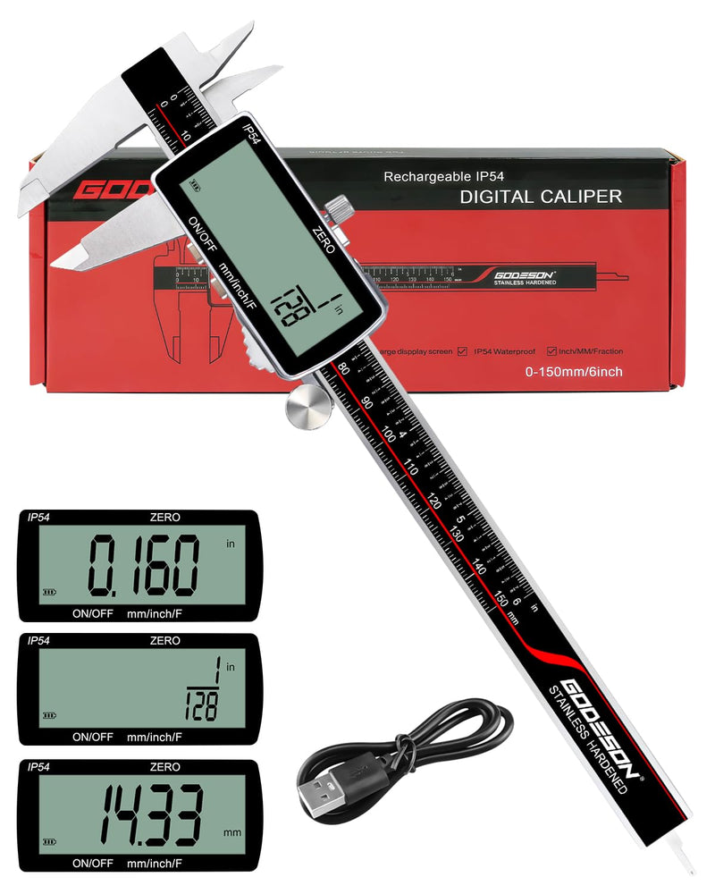 [Australia - AusPower] - GODESON Digital Caliper, Rechargeable Digital Micrometer-IP54 Waterproof, Stainless Steel & Large LCD Screen Caliper Measuring Tool-Inch/Metric/Fraction,6" Calipers-Auto Off for Pros & DIYers 