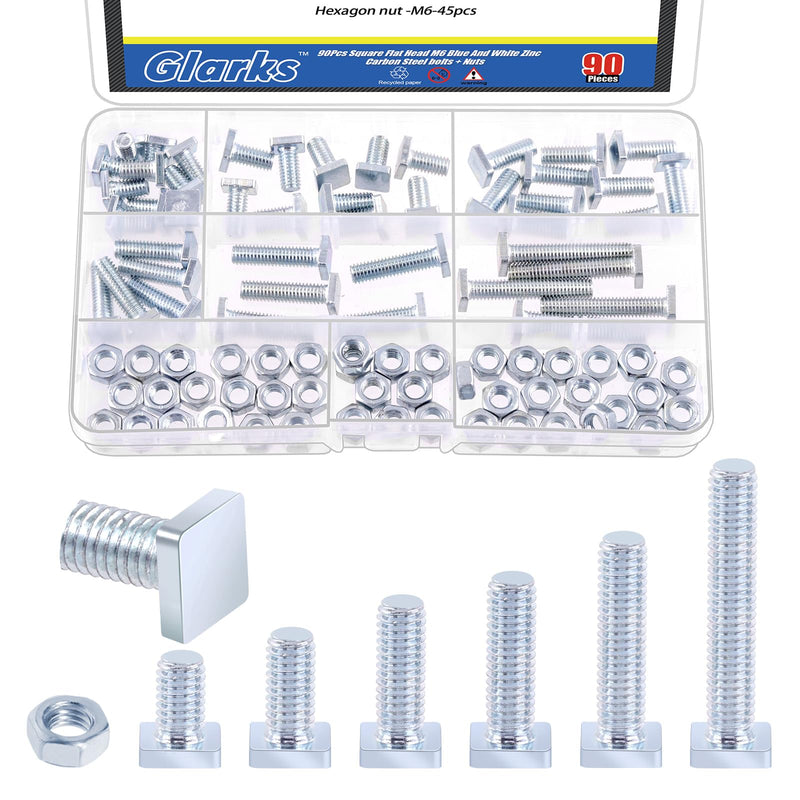 [Australia - AusPower] - Glarks 90pcs M6 x 10/12/16/20/25/35MM Square Head Bolt Kit, Zinc Plated Fully Thread Carbon Steel Grade 4.8 Square Machine Screws Bolt with Hex Nut for Machinery Electrical Connections Construction 