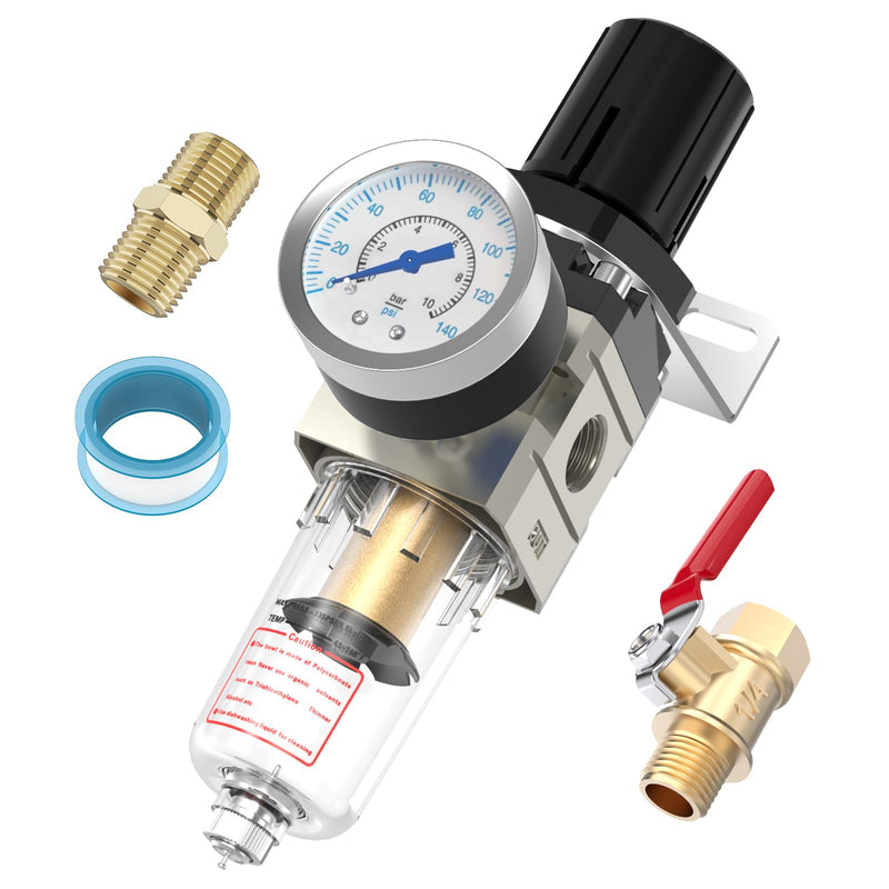 [Australia - AusPower] - Air Pressure Regulator, Hoodutric 1/4 Inch Air Compressor Water Separator with Pressure Gauge Manual Drain Valve Ball Valve and Mounting Bracket - AW2000-02 