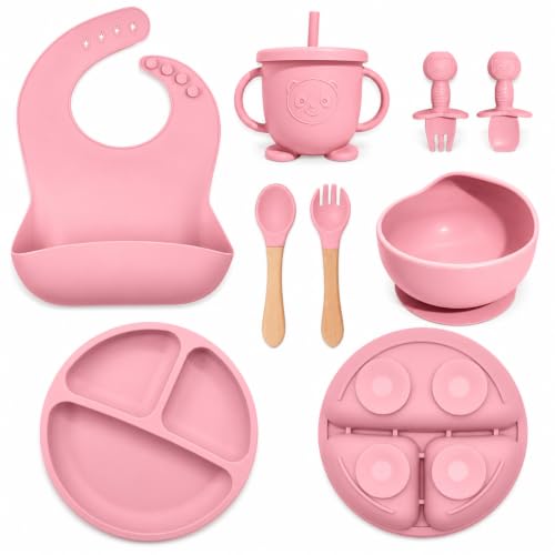 Silicone Baby Feeding Utensils Set for 6+ Months, 8 Pcs, Pink