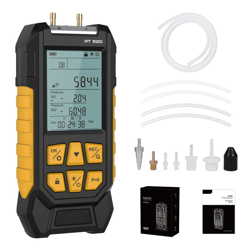 [Australia - AusPower] - PT520 Digital Manometer,HVAC Manometer,Manometer Gas Pressure Tester,-100 to 200Kpa Measurement Range,10 Pressure Measurement Units,Data Locking&Storage 