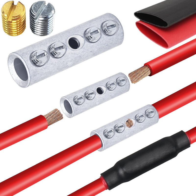 0000 Gauge Butt Splice Wire Connectors 4PCS Tinned Brass Mechanical Splice Connectors Kit 4/0 AWG Mechanical Repair Splice Kit Splice Screw Sleeves 4PCS Mechanical Butt Splices & 3:1 Heat Shrink Tubes 0000 (4/0) Gauge Mechanical Splice - Tinned Brass