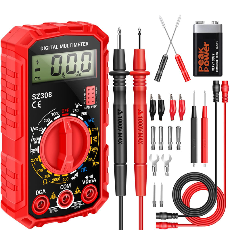 [Australia - AusPower] - ANENG Multimeter,SZ308 DC AC Volt Meter,Ohm Digital Multimeter Tester,Measures Voltage,Current,Resistance,Continuity,Diodes, Electrical Tester for Househould Tools,Automotive Battery Test(Red) SZ308 Red (With 16-piece test set) 