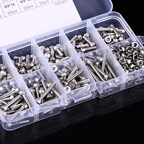 340-piece 304 stainless steel hex socket head screws, bolts and nuts assortment kit with storage box
