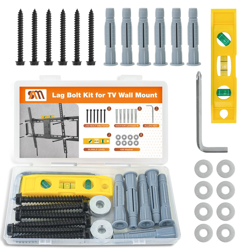 [Australia - AusPower] - Lag Bolt Kit for TV Mounting Hardware - M8x70mm Lag Bolt and Washer for Wood Stud, Anchors for Concrete/Brick Wall, Includes Allen Key and Bubble Level for Easy Installation 
