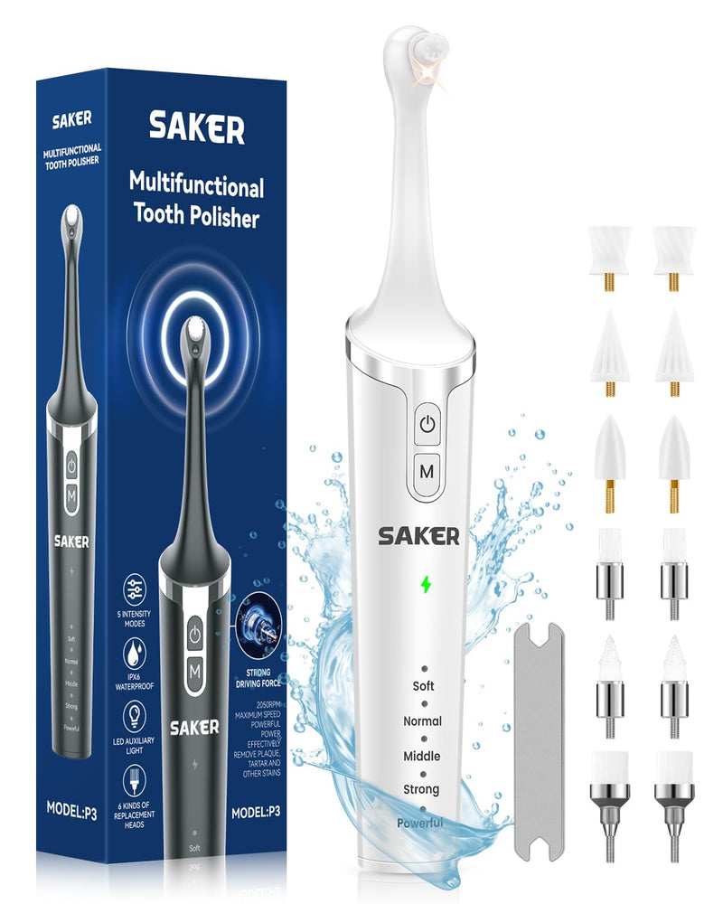[Australia - AusPower] - Saker Tooth Polisher, 2 Set Replacement Polishing Brush Heads(12pcs) Included, Rechargeable Tooth Polishing Kit, Dental Teeth Polisher with LED Light, 5 Speed Modes, Waterproof - White 