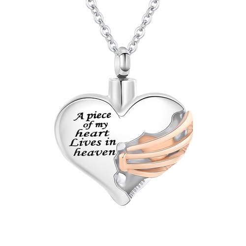 Heart Cremation Urn Necklace Pendant for Human Ashes Memorial Keepsakes Cremation Jewelry Loved One Memorial Jewelry - A piece of my heart Lives in heaven Silver-Rose Gold