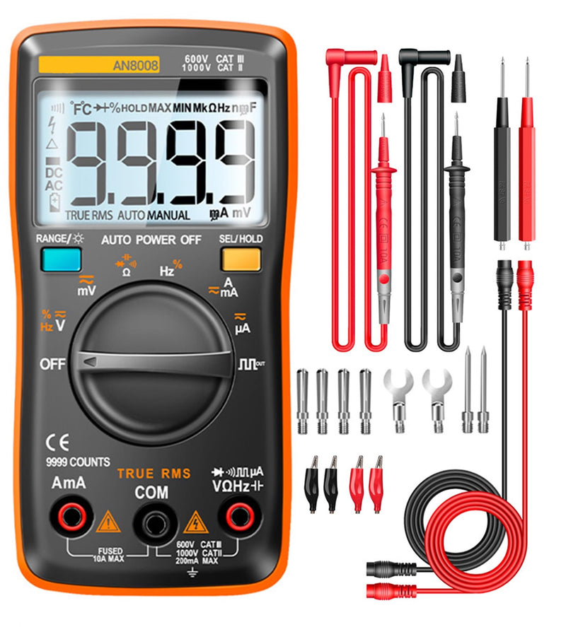 [Australia - AusPower] - AN8008 Digital Multimeter, Auto Ranging AC DC Voltage Tester, Volt Ohm Amp Meter, Continuity Diode Resistance Capacitance Tester, True-RMS, 9999 Counts 