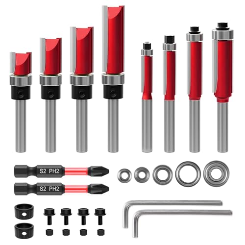 Pack of 10 Flush Cutters 8 mm with 2 Impact Magnetic Bits, 8 mm Shank Flush Cutter, 6 Bearings, 2 Wrenches, Copy Cutter 8 mm, Wood Cutter for Router Carbide Woodworking Cutter Sets 8mm