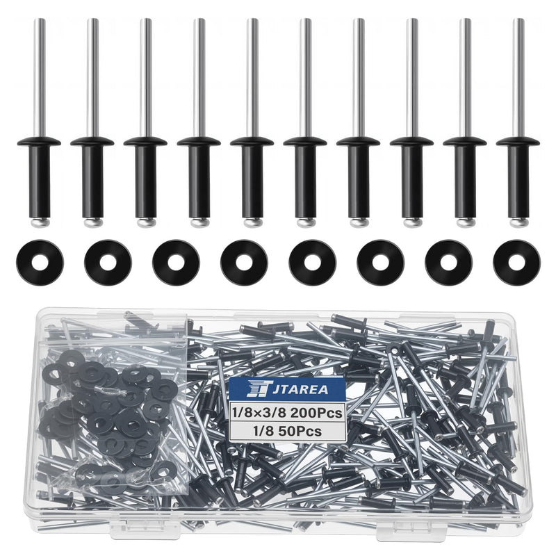 [Australia - AusPower] - 250pcs 1/8" x 3/8" Black Aluminum Pop Rivets with Stainless Steel Washers 3.2 x 10mm Blind Rivet Assortment Kit 1/8*3/8 