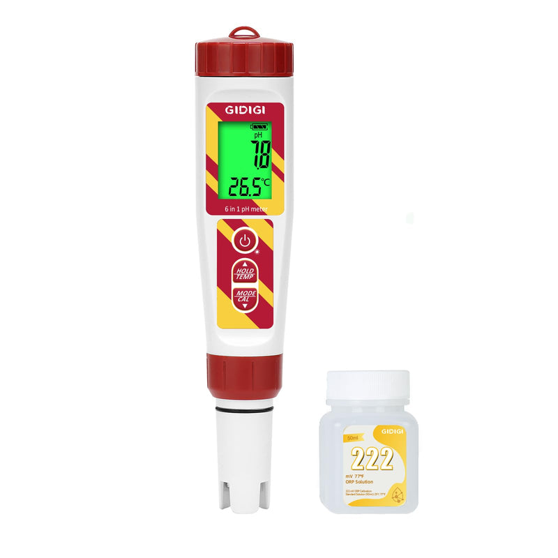 Digital pH Meter Pool Salt Tester,ORP Meter for Drinking Water,GIDIGI pH PPM for Hydroponic,6 in 1 TDS EC Salt Tester with ORP 222mV Calibration Solution for Aquariums,Spa,Drinking Water,Brewing Yellow 6-in-1 pH Meter