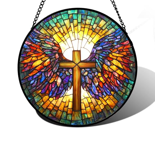 Christian Cross Wings Stained Glass Window Hanging Suncatcher Gifts 7.8" Gold 7.8x7.8 IN
