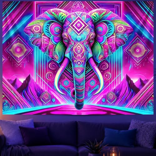 BlissYard Blacklight Tapestry Elephant Neon Wall Art 78 x 59 Inch 2410101CXNZS