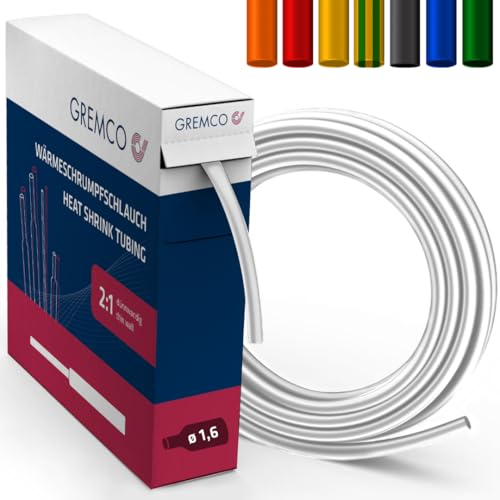 Heat Shrink Tube Box White 1.6 mm x 10 m Thin Walled Heat Shrink Tube 2:1 without Glue Waterproof Heat Shrink Tubes for Cable Insulation, Cable Bundling, Cable Repair 1,6mm
