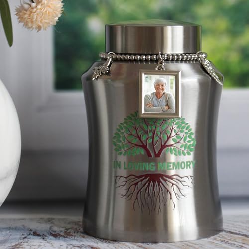 Medium Urn for Human Ashes with Picture Frame Stainless Steel Tree of Life Cremation Big Urn Decorative Memorial Funeral Burial Urn for Ashes Dad Mom Male Female Keepsake Small urn for Human