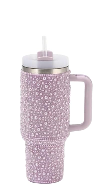 Pearls Bling 40 oz Tumbler with Handle and Straw | Rhinestones 100% Leakproof Stainless Steel Insulated Tumbler with Lid and Straw | Cup Holder Friendly Base -Purple Purple