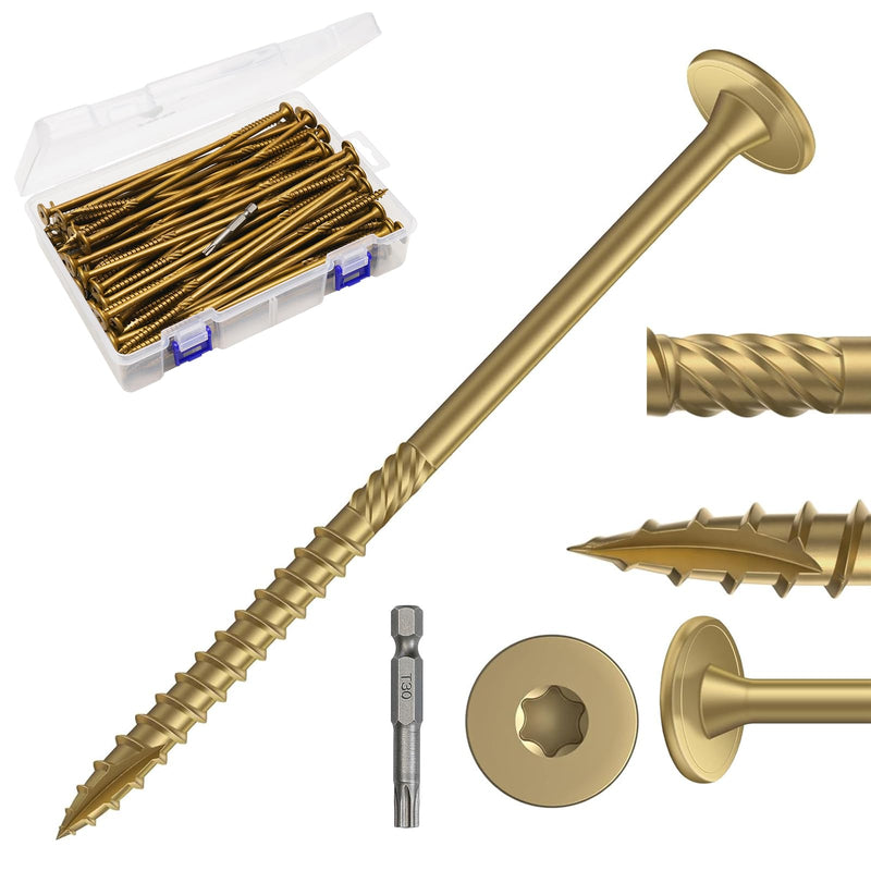 #14×8Inch Heavy Duty Outdoor Wood Screws Carbon Steel Rustproof Deck Screws 30 Pcs Epoxy Structural Screws With T30 Drill Bit, No Pre-Drilling Required, for Woodworking Construction Projects #14×8in