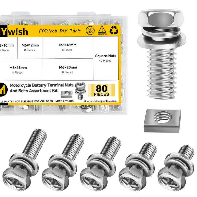 [Australia - AusPower] - Mywish 80Pcs Battery Terminal Bolts and Nuts Assortment Kit, M6 x 10/12/16/18/20mm ATV Motorcycle Battery Bolt with Square Nuts, 304 Stainless Steel Motorcycle Parts 80Pcs Kit 