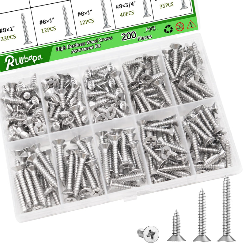 [Australia - AusPower] - 200PCS 304 Stainless Steel High Hardness Wood Screws Assortment Kit, 3 Sizes #8×1/2",#8×3/4",#8×1",Phillips Drive Flat Head, Wood Screws, Screws, Drywall Screws, Assorted Screws, Screws Set 