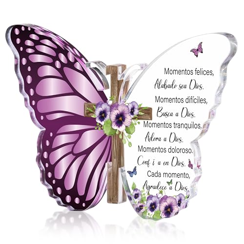JAPBOR Acrylic Christian Religious Gifts - Spanish Bible Verses God Faith Inspirational Scripture Present for Women, Serenity Butterfly Cross Prayer Keepsake Desk Decor for Home Birthday (Violets) Violets