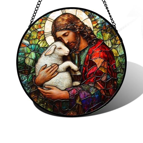 Jesus Little Lamb Stained Glass Window Hanging Suncatcher Easter Gifts 6.3" Red and White 6.3x6.3 IN