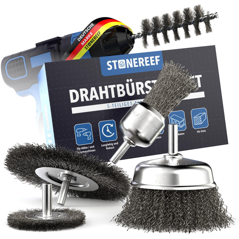 Wire Brush Set 5-Piece 6 mm Shaft for Drill Cordless Screwdriver | 5 shapes: cup brush, 2 round brushes, cylinder brush and end brush - 6mm round shank fits into any common drill chuck