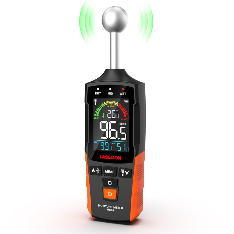 [Australia - AusPower] - MS04 Pinless Moisture Meter with Ball Probe for Non-Destructive Area Scans Ideal for Wood Walls and Construction Materials Customizable Humidity Alarms Built-in Flashlight 