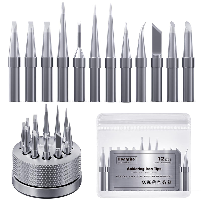 HANGLIFE ET Soldering Iron Tips with Tips Holder for Weller WE1010NA WES51/50 WESD51 WCC101 PES51/50 WEP70 LR21 and More Soldering Stations/Irons – Replacement Solder Tips for Weller Welding Equipment 12pcs+holder