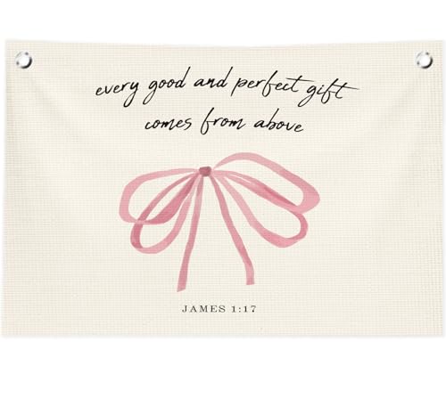 Christian Wall Decor Bible Verse Canvas Banner Pink Bow Wall Art James 1:17 (Cream color2)