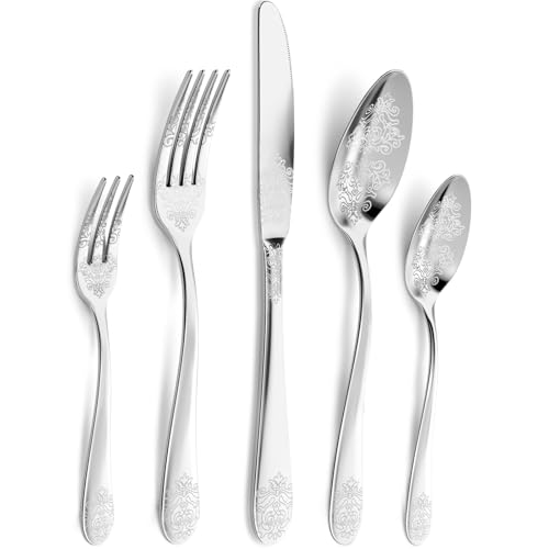 DRAGON RIOT 20-piece stainless steel flatware serving set for 4 with forks, knives, spoons, and teaspoons, silver finish.