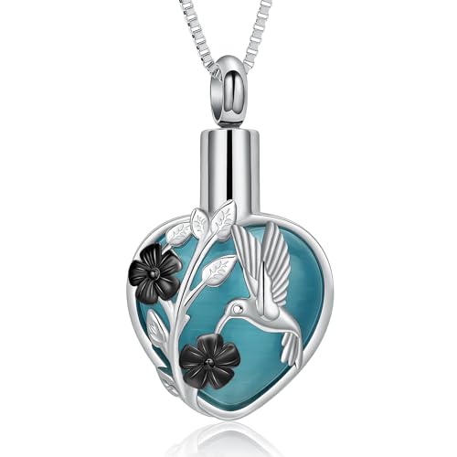 XSMZB Cremation Ashes Jewelry Hhummingbird Flower Urn Necklace for Ashes Human Pet Funeral Memorial Pendant Heart Moonstone Keepsake Silver-Black