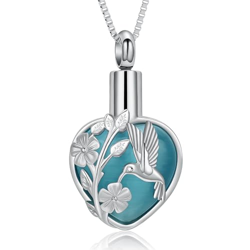 XSMZB Cremation Ashes Jewelry Hhummingbird Flower Urn Necklace for Ashes Human Pet Funeral Memorial Pendant Heart Moonstone Keepsake Silver